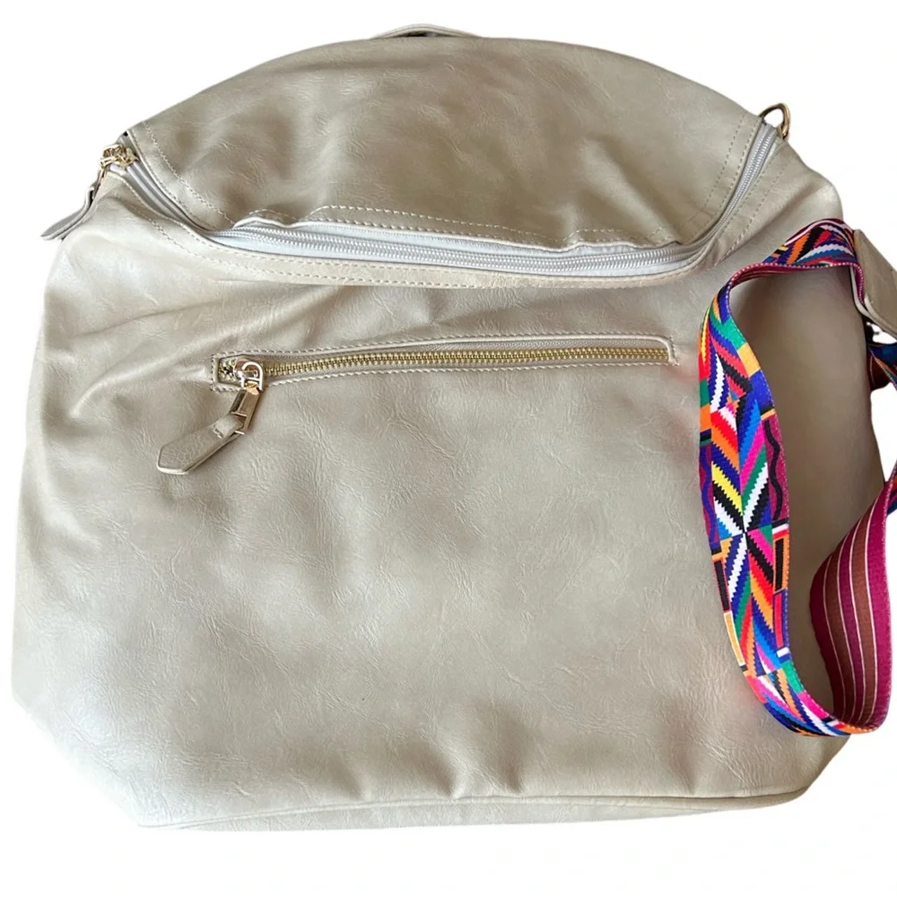 New Cream Faux Leather Back Pack, Vibrant Boho Print Removable Shoulder Strap